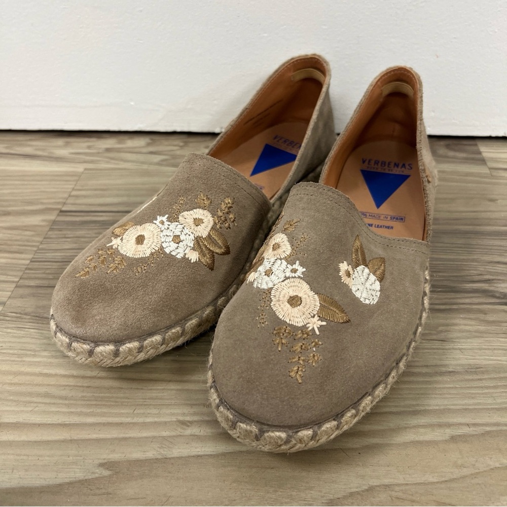 VERBENAS Taupe Suede Espadrilles with Cream Floral Embroidery